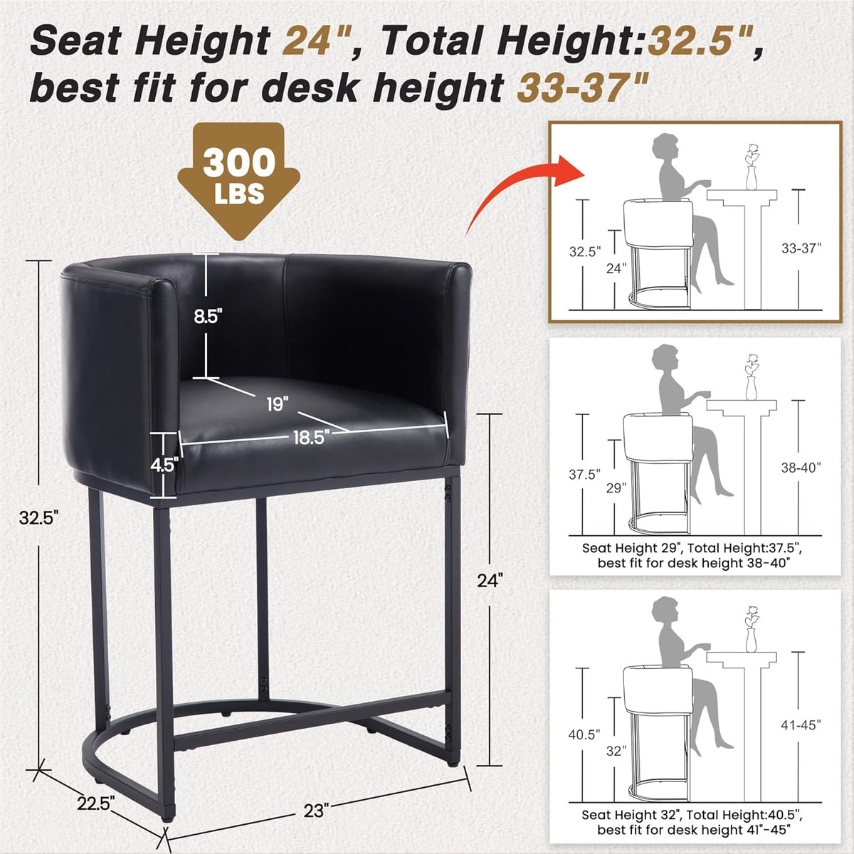 Black Modern Barrel Counter Height Clearance Bar Stools Set of 3, 24 Inch PU Leather Kitchen Barstools with Back