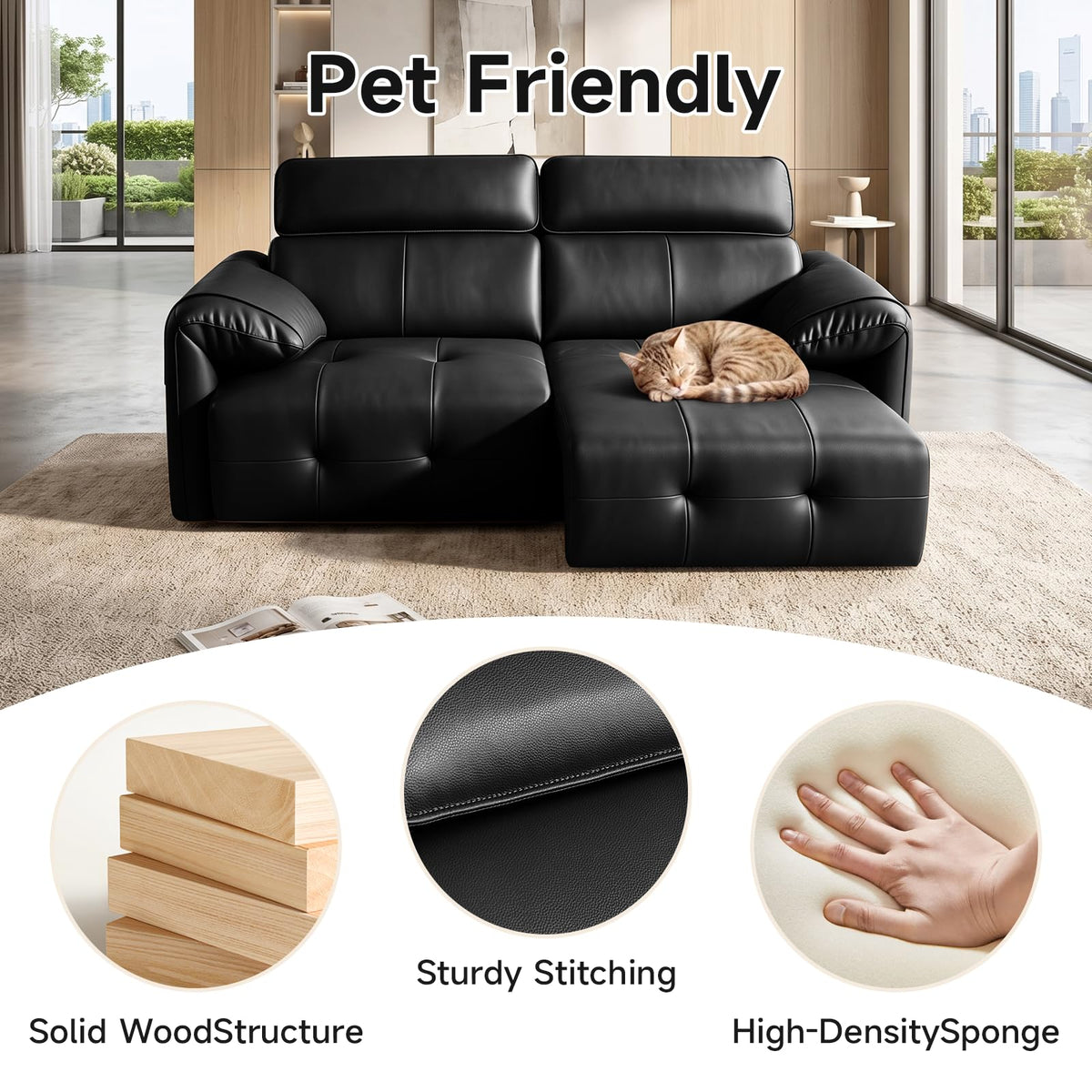 Genuine Leather Electric Pull Out Couch, Power Reclining Sofa with Adjustable Headrests | Extendable Footrest | USB &