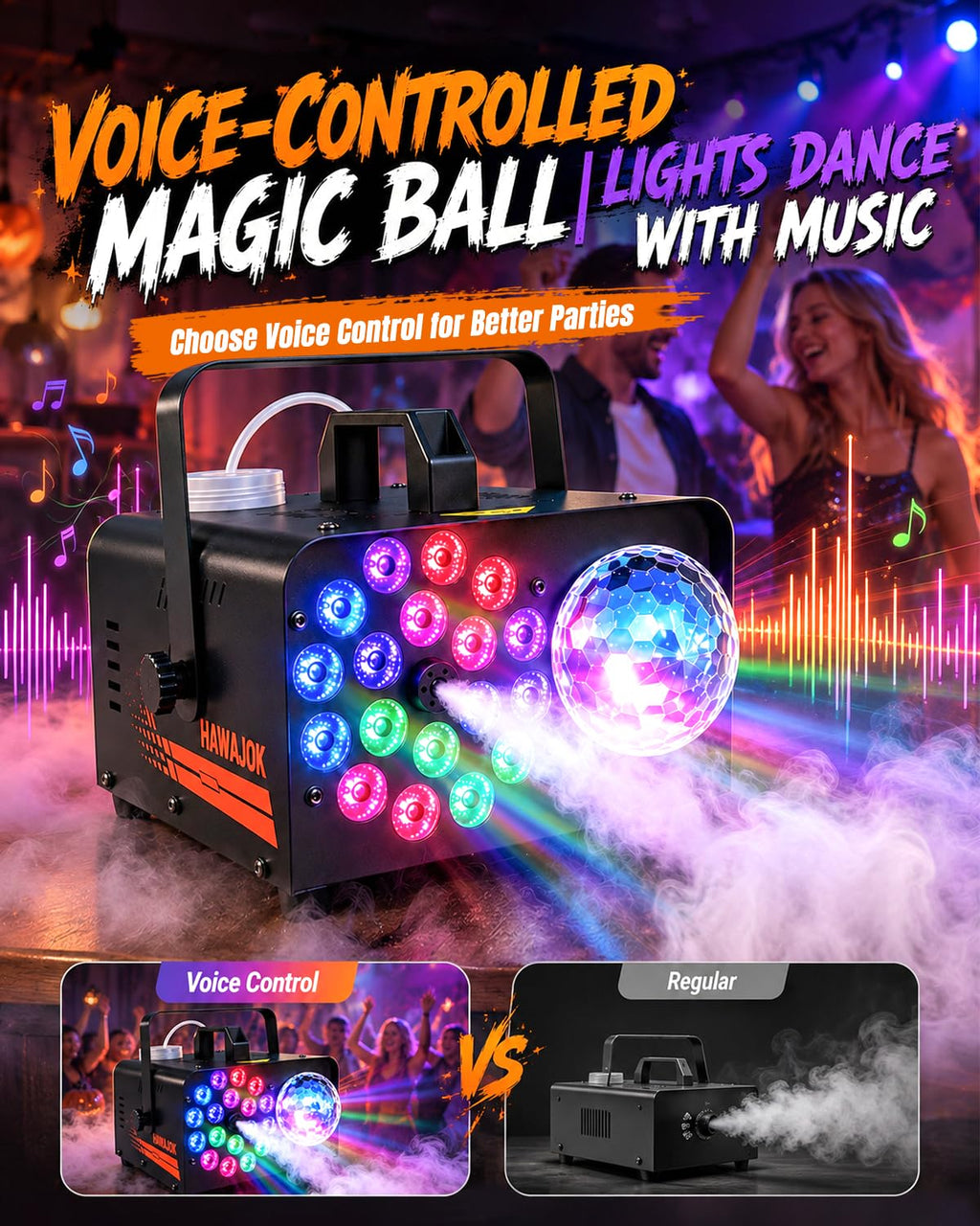 Fog Machine, Output Smoke Machine with Disco Ball Lights, 18 Color LED Effects, Wireless Remote