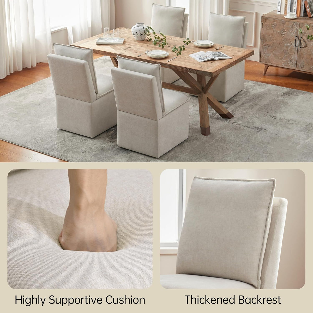 Upholstered Dining Chairs Set of 2, Modern Rolling Chairs with Storage and Wheels, Linen Armless Chair with Cushion