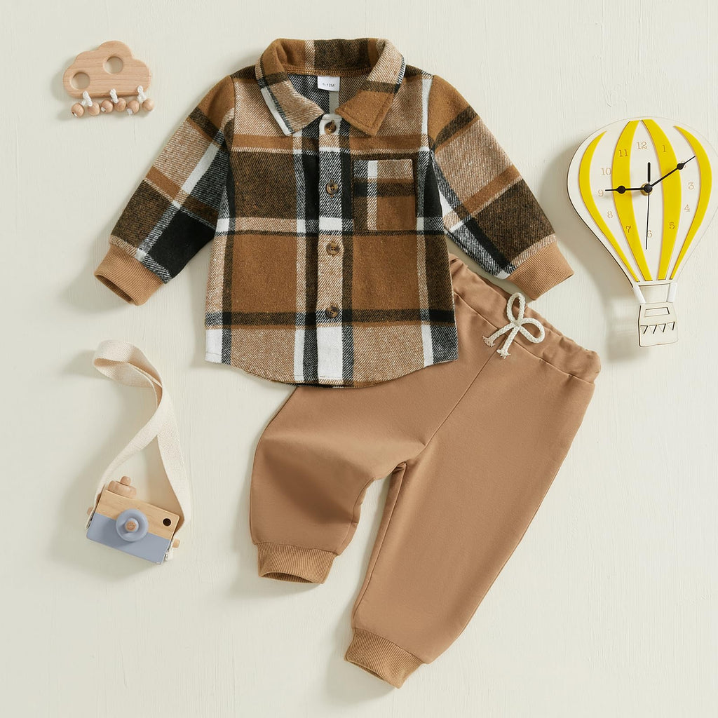 Toddler Boys Fall Outfits Plaid Flannel Baby Boy Jacket Button Down Shirts Pants 2Pcs Festival Clothes Set