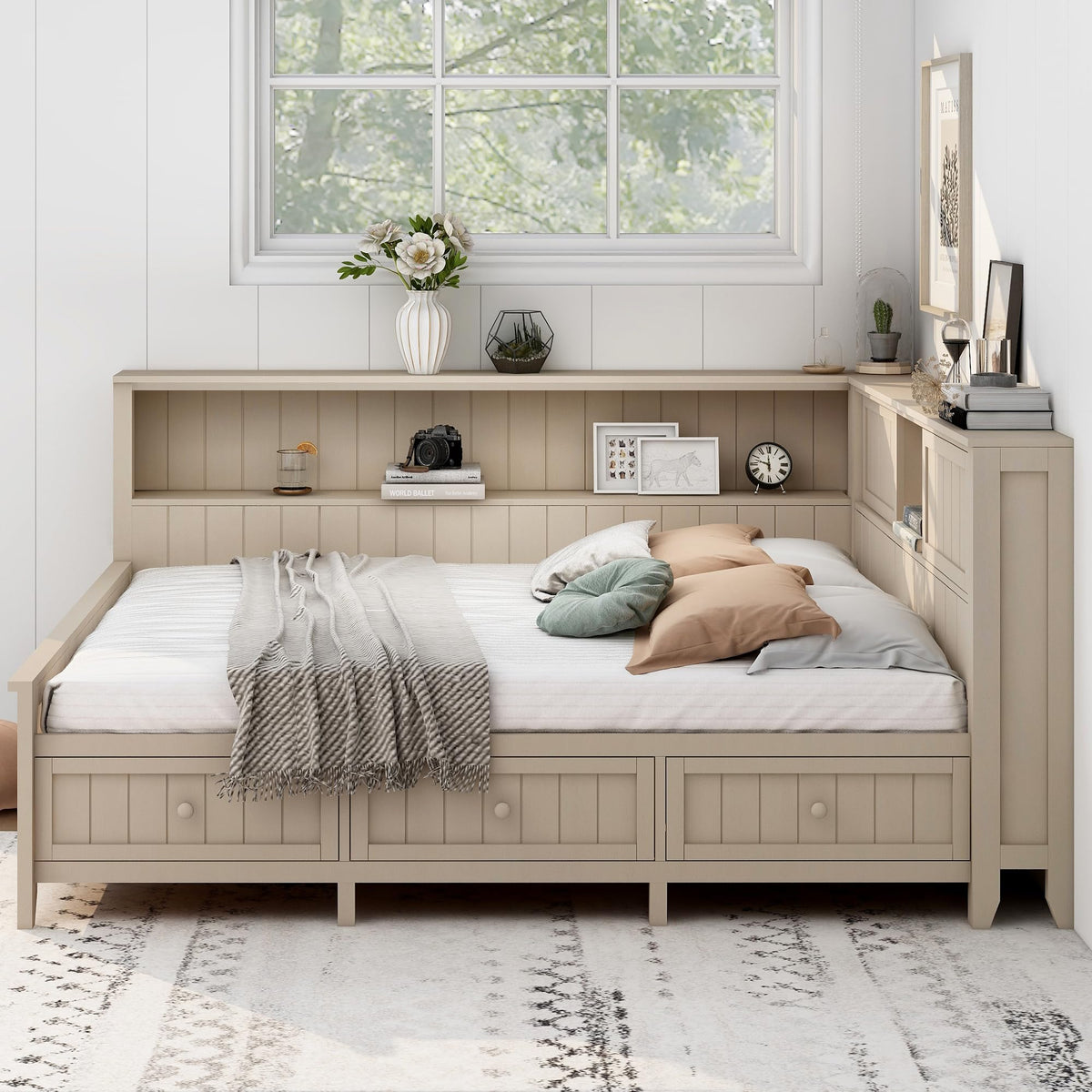 Corner Bed Frame with Bookcase Storage, Wood Platform Bed Frame with 3 Drawers, Daybed with Storage