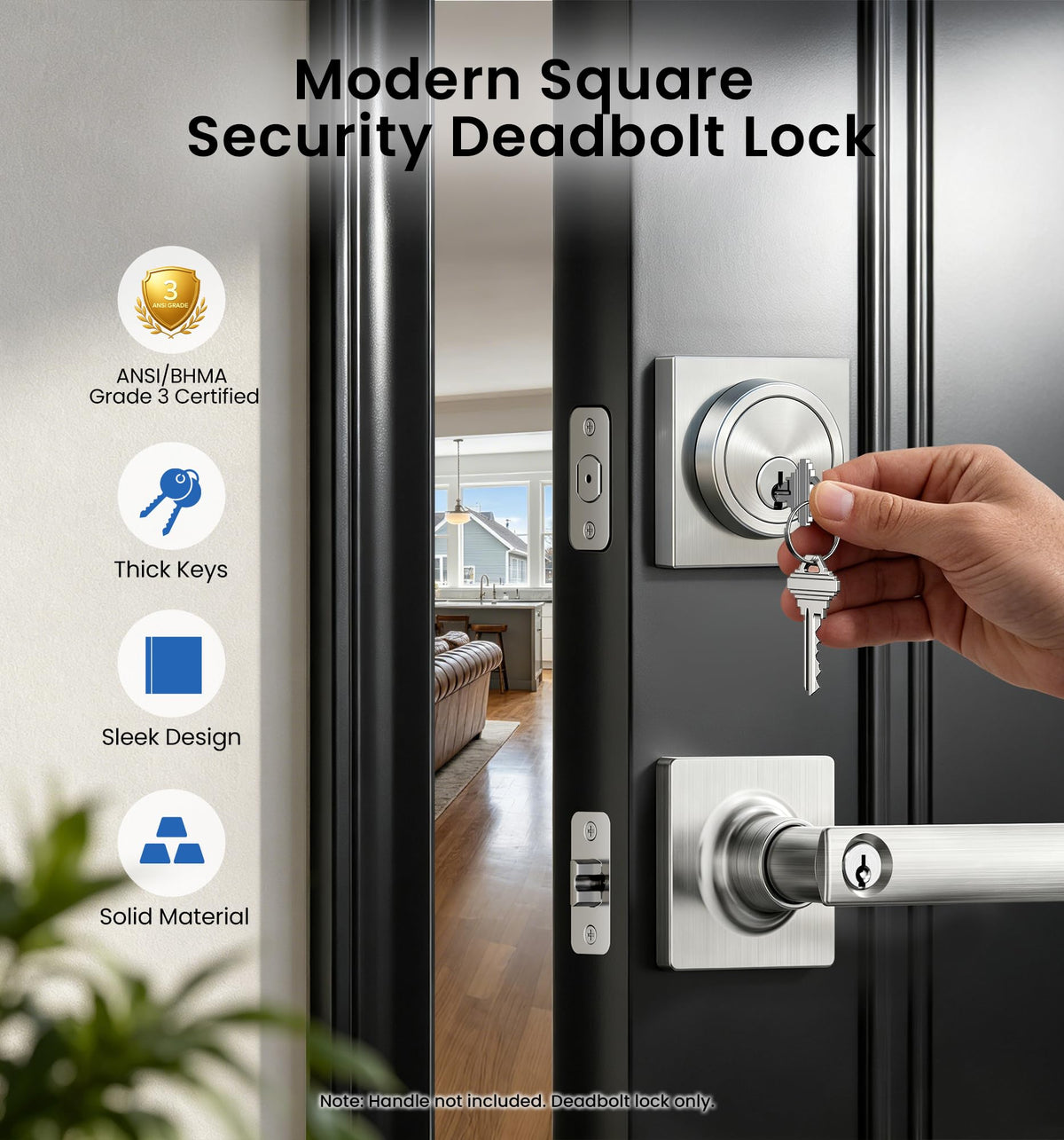 Modern Square Deadbolt, Satin Nickel Single Cylinder Door Lock ANSI 3