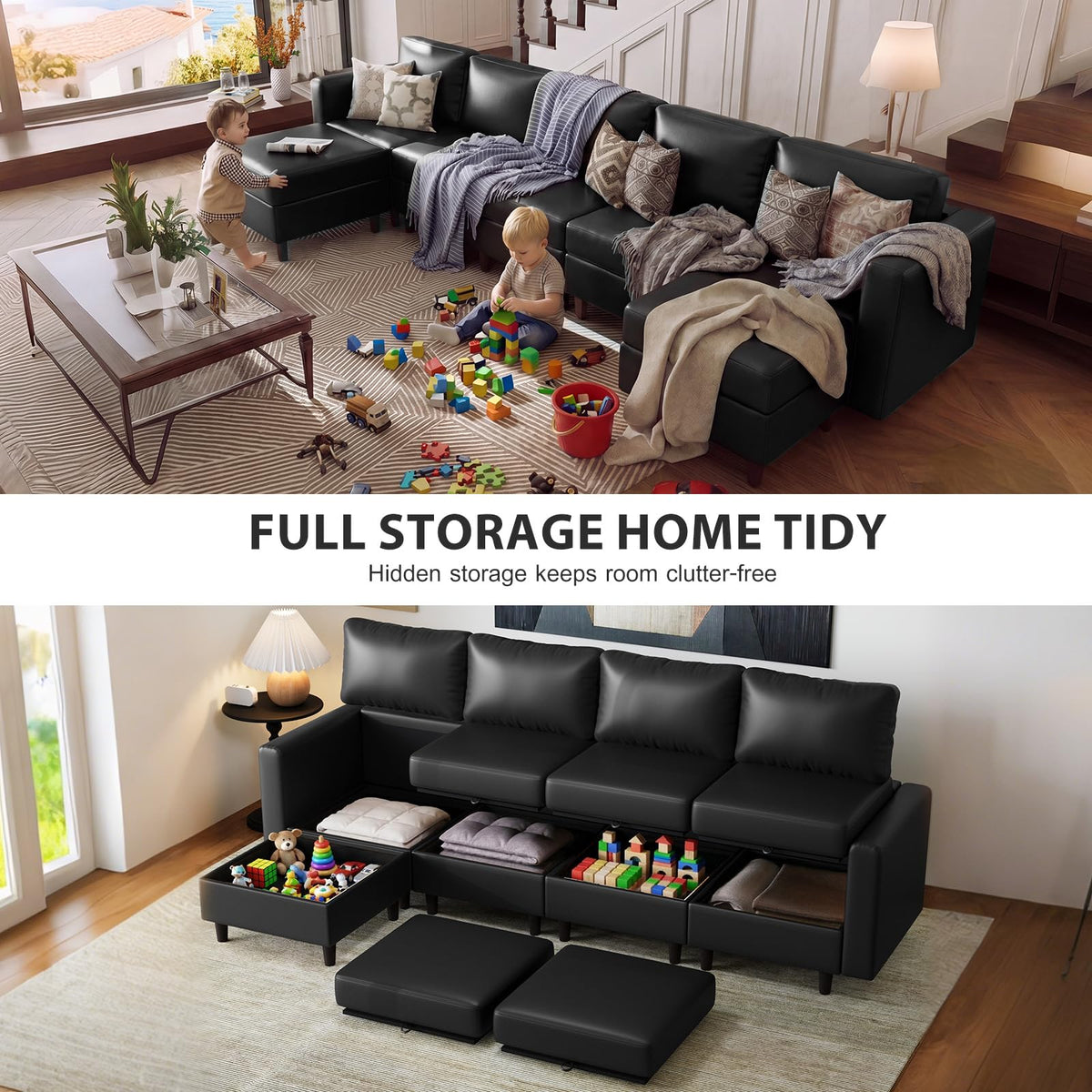 Oversized 145.5" Faux Leather Modular Sectional Sofa, Modern Large 12 Seater U Shaped Couch with Storage Seat with
