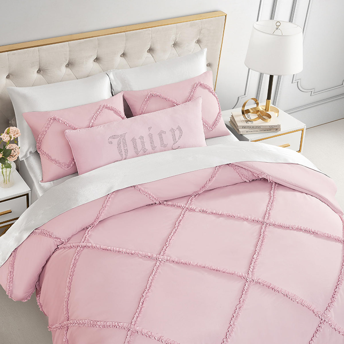 Diamond Comforter Set - Ruffle 3-Piece Machine Washable Reversible Bedding Comforter Set, Light Pink