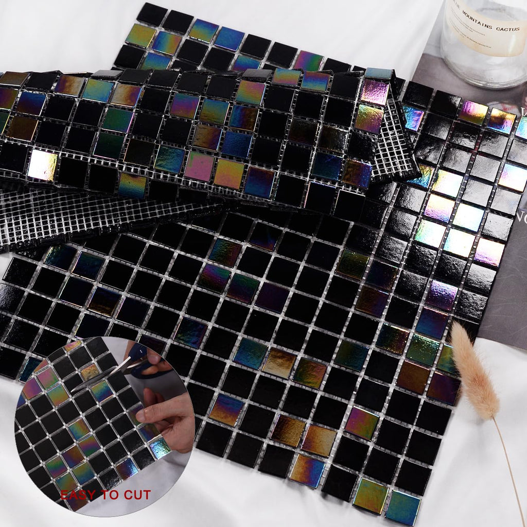 11.5 sq.ft Iridescent Black Glass Mosaic Tile for Bath, Pool, Backsplash