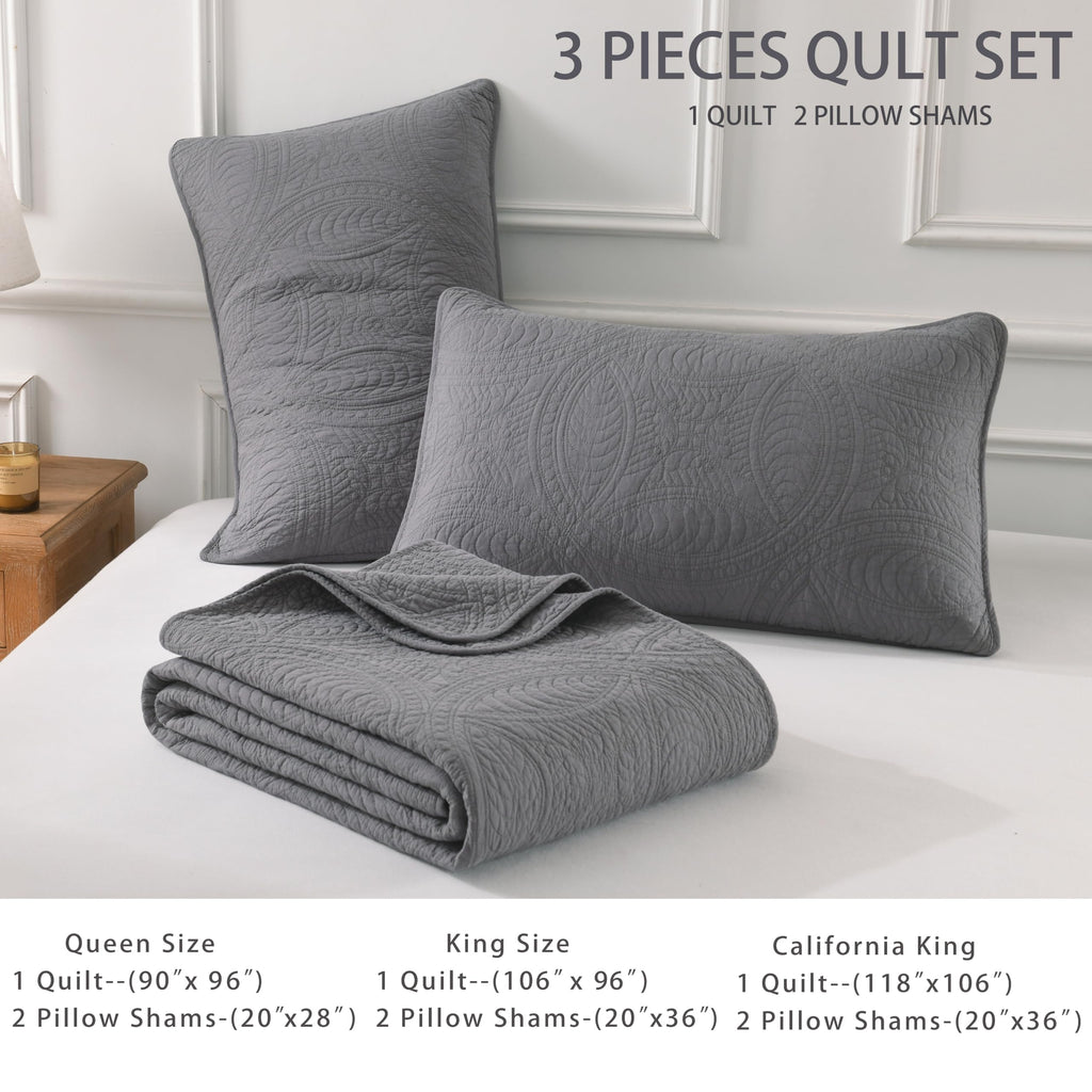 Cotton Quilt Set, 3-Piece Coin Pattern Bedspread, Lightweight Pre-Washed Coverlet, Solid Modern