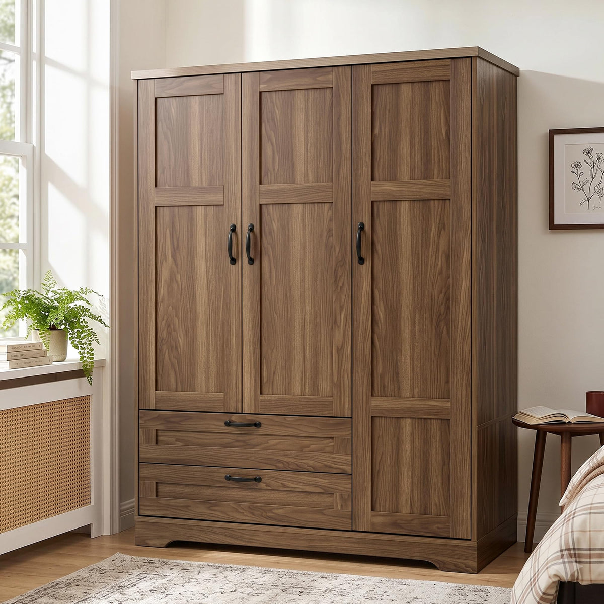 62" Wooden Armoire Wardrobe Closet with 3 Doors & 2 Drawers, Mirror