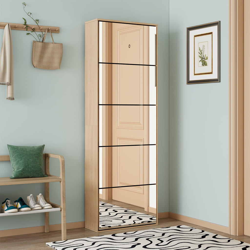 68" Tall Mirror Shoe Cabinet with 5 Flip Drawers, Mirror Silver