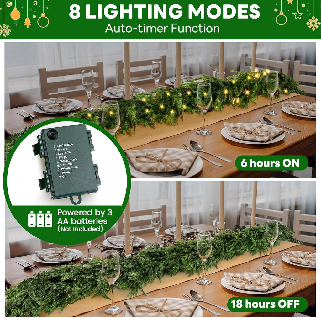 9 FT Artificial Norfolk Pine Garlands with Lights, Pre-Lit Christmas Garland, Real Touch Pine Artificial Faux