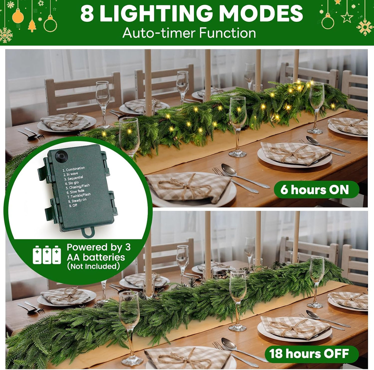 9 FT Artificial Norfolk Pine Garlands with Lights, Pre-Lit Christmas Garland, Real Touch Pine Artificial Faux