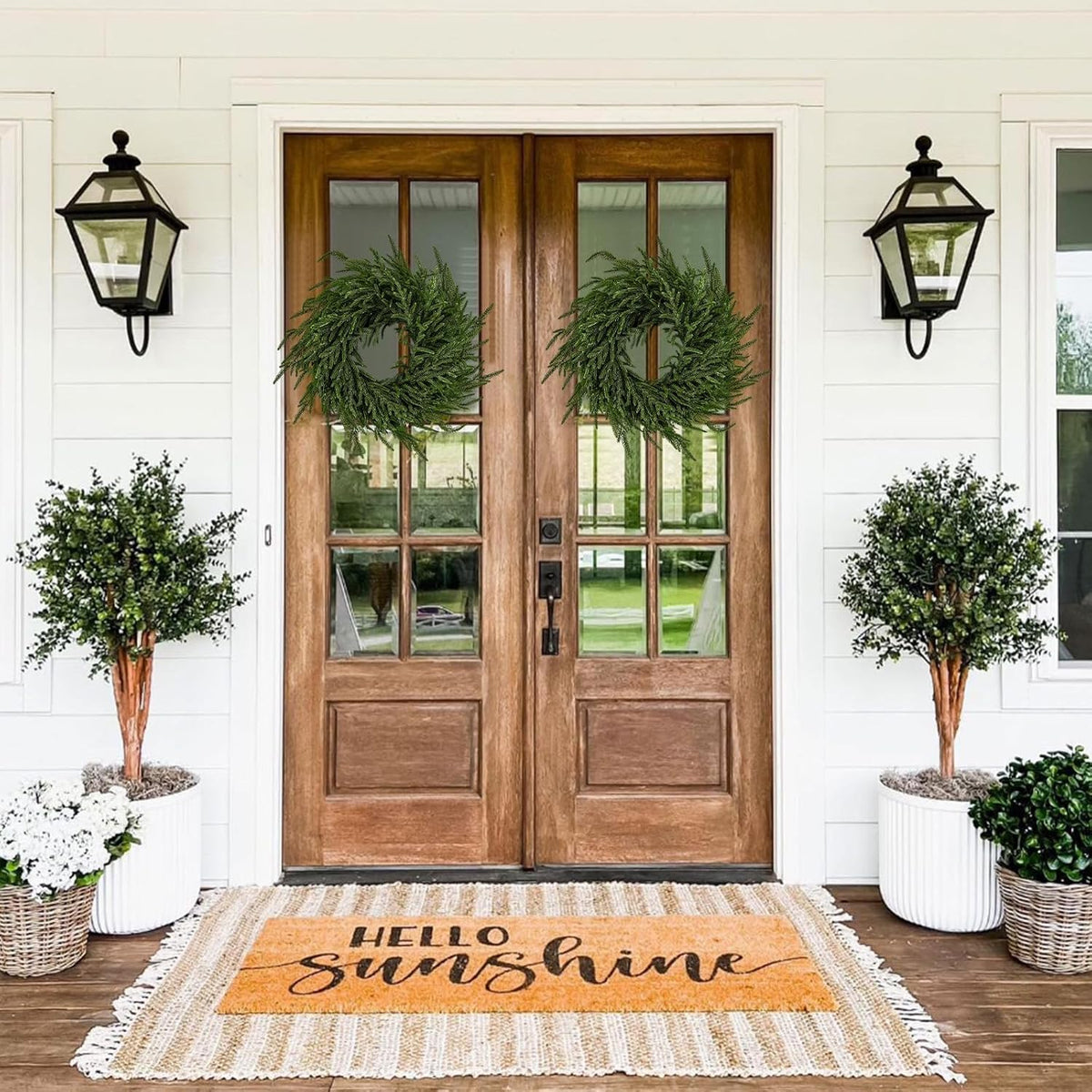 2 Pack Artificial Christmas Wreaths for Front Door, Norfolk Pine & Cedar Greenery with Red Velvet Bows, Real Touch