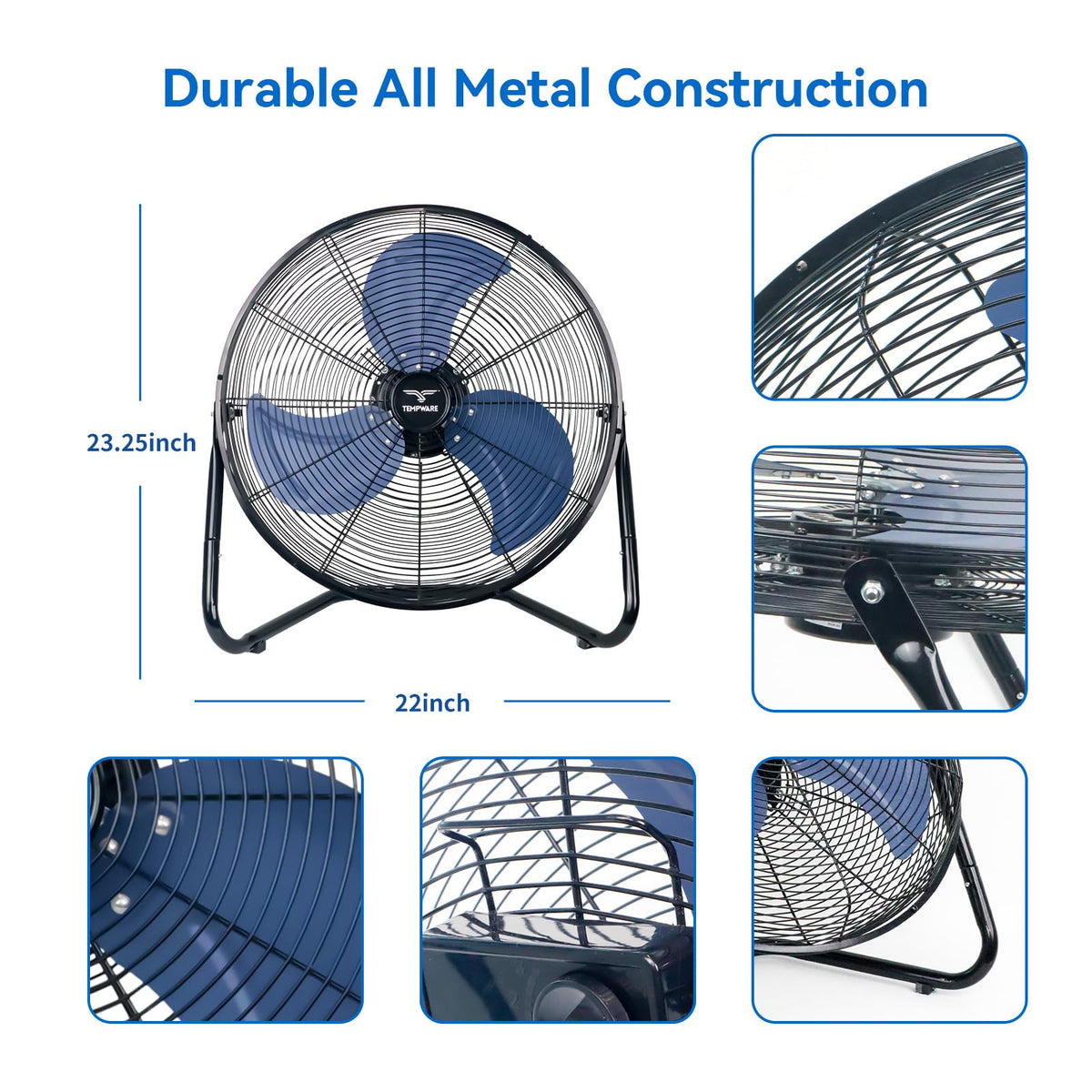 20 Inch High Velocity Industrial Floor Fan with 360° Tilt, Blue
