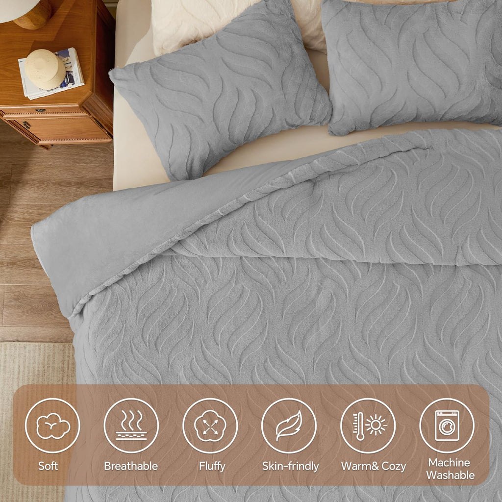 Fluffy Faux Fur Comforter Set, Fuzzy Bedding Set, Light Grey
