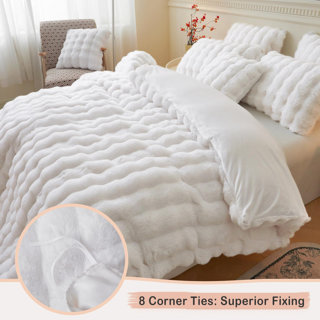 Luxury Faux Rabbit Fur Duvet Cover Set 3 PCS, White