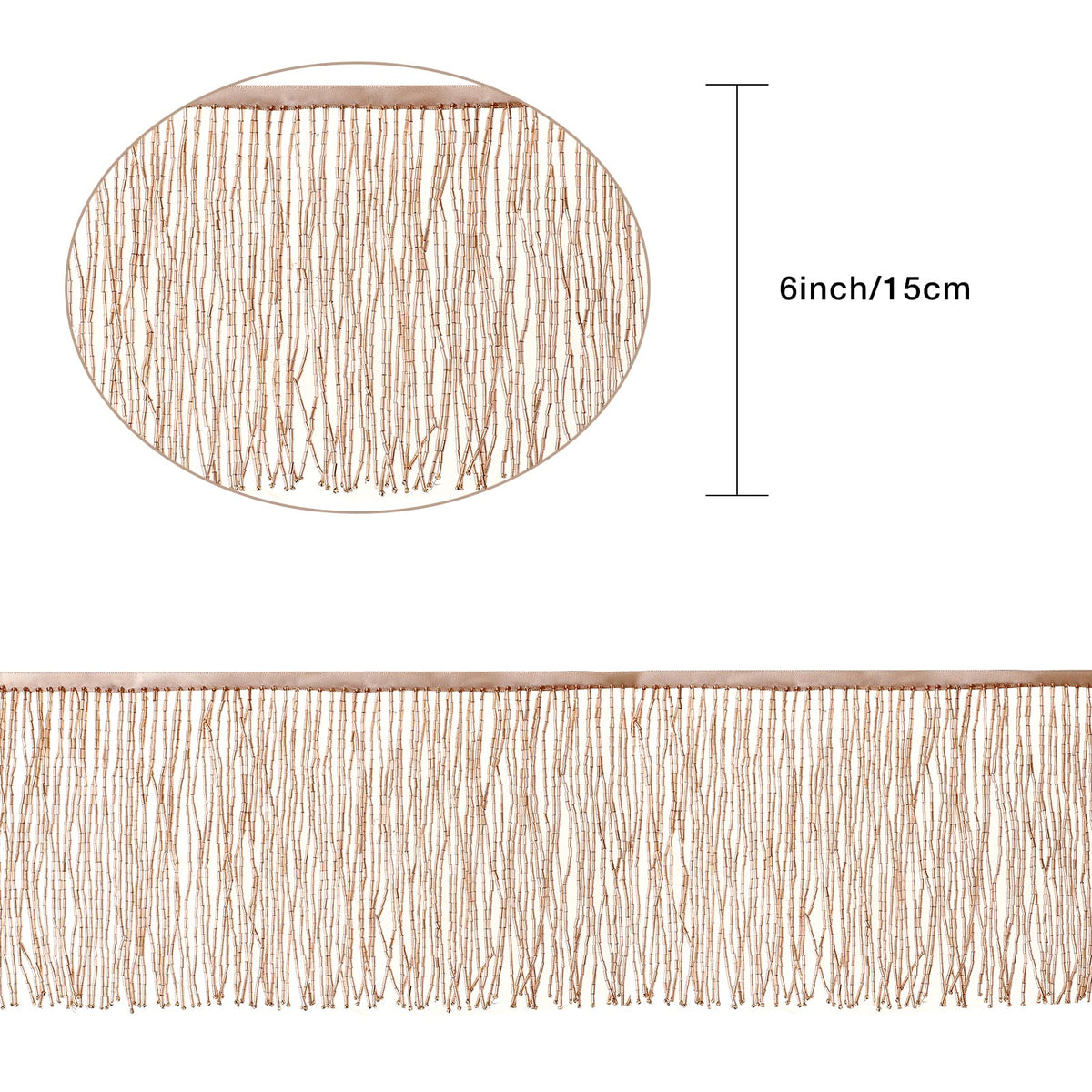 Beaded Fringe Trim - 6in Wide Glass Beaded Fringe for Dress Clothing and DIY Crafts (Champangne) - 1 Yard