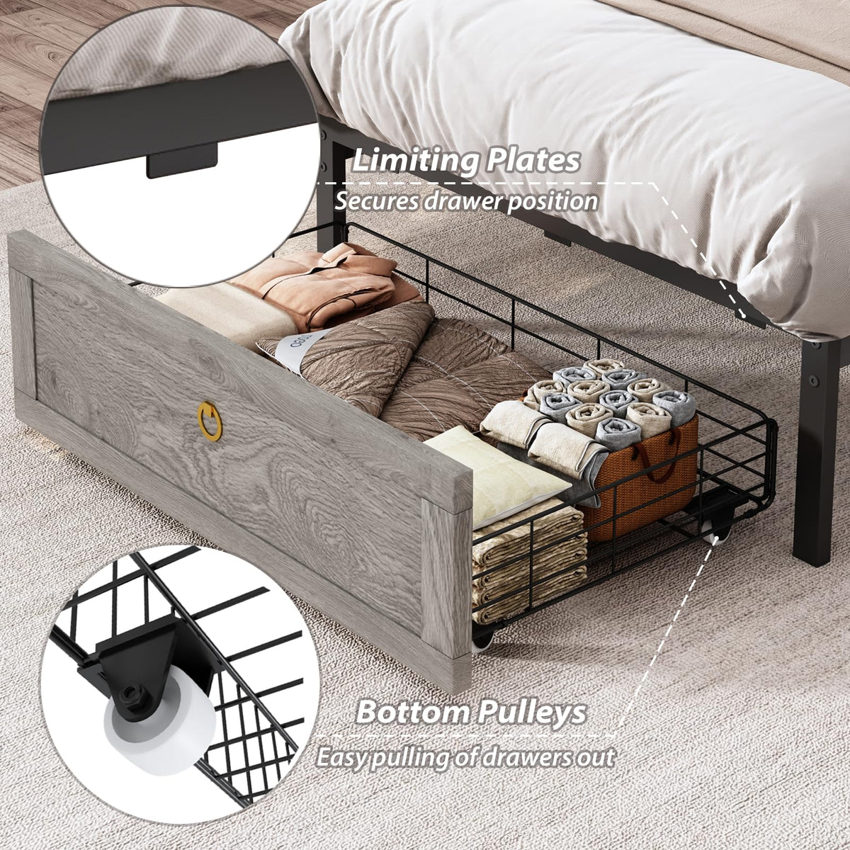 Bed Frame with Storage Headboard, Farmhouse Wood Bed Frame with 3 Drawers, LED Light & Charging