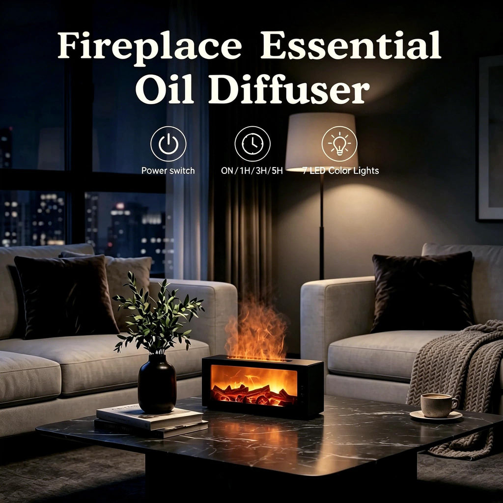 Essential Oil Diffuser, Fireplace Flame Remote Control Humidifier