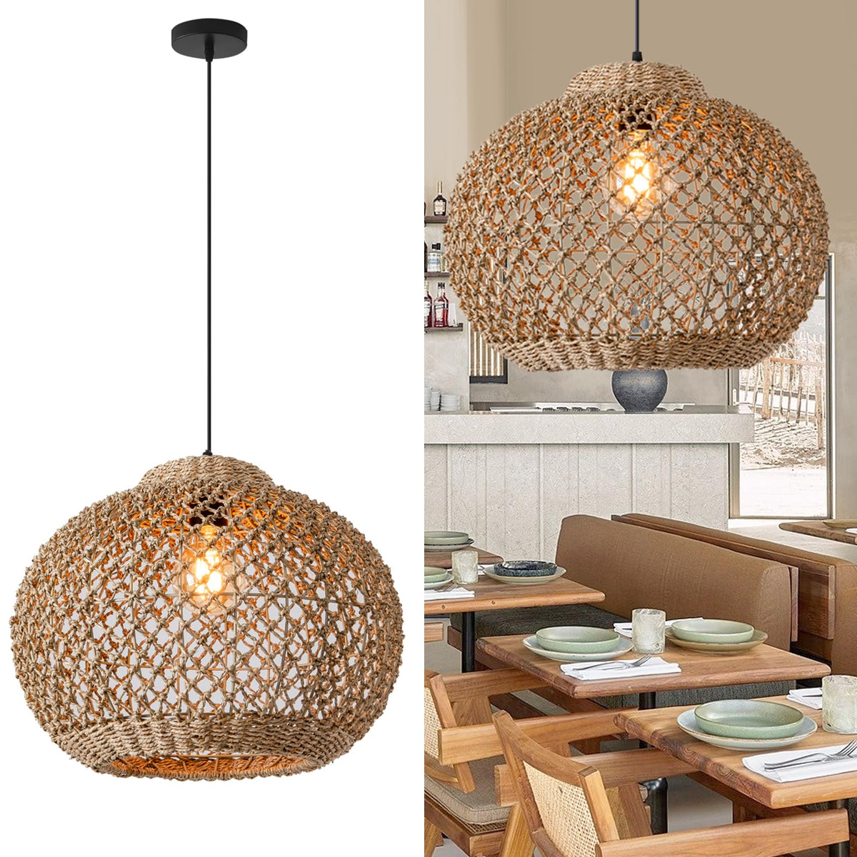 Rattan Pendant Light, 13.78" Seagrass Chandelier