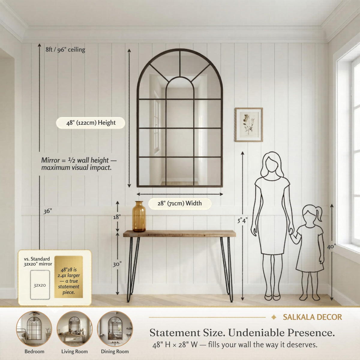 48x28Inch Arched Window Pane Mirror| Black Arched Mirrors for Wall & Floor | Arch Mirror Full Length Living Room &