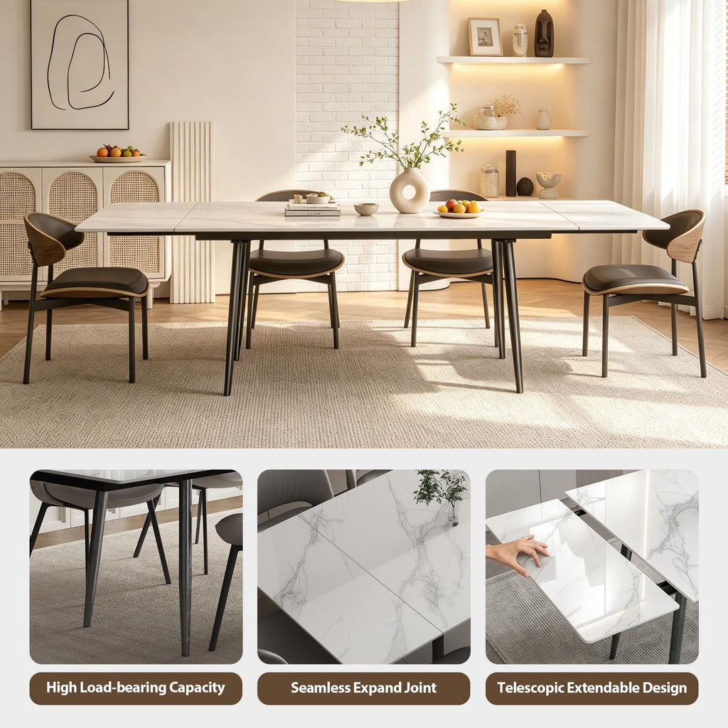 Modern Extendable White Stone Dining Table for 8-10 People, 62.9"-94.4" Rectangular Kitchen Table with Black Metal