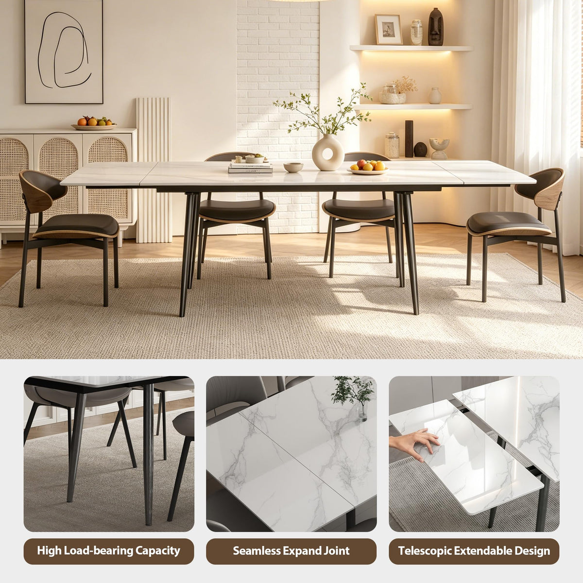 Modern Extendable White Stone Dining Table for 8-10 People, 62.9"-94.4" Rectangular Kitchen Table with Black Metal