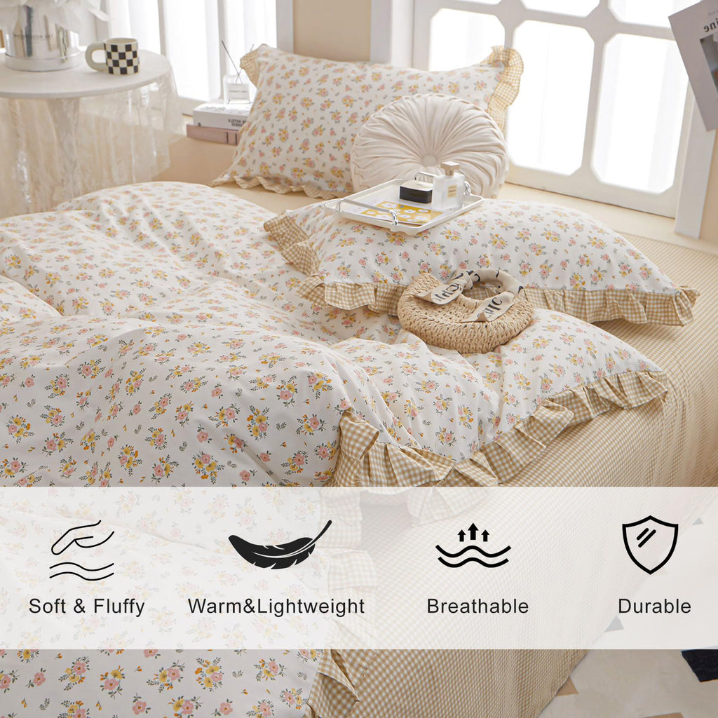 French Garden Style Ruffled Floral Comforter Set Full Fluffy Soft Microfiber Chic Shabby Pink Yellow Floral Bedding