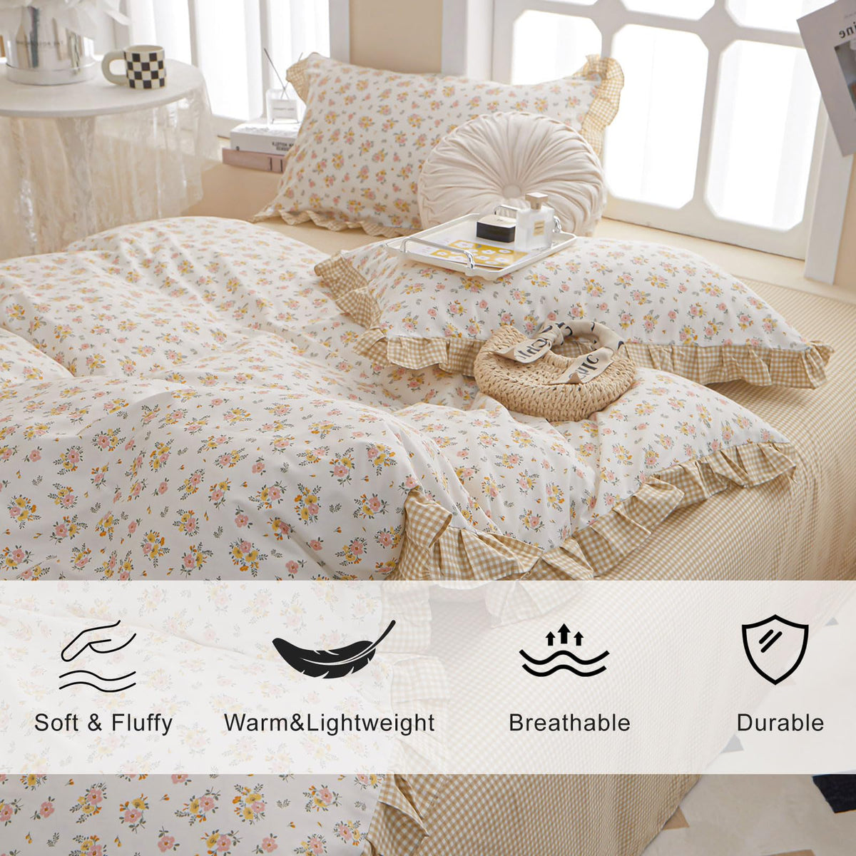 French Garden Style Ruffled Floral Comforter Set Full Fluffy Soft Microfiber Chic Shabby Pink Yellow Floral Bedding
