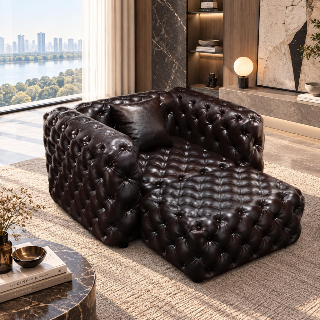 48" Faux Leather Couch, Chesterfield Sofa Set-Dark Brown