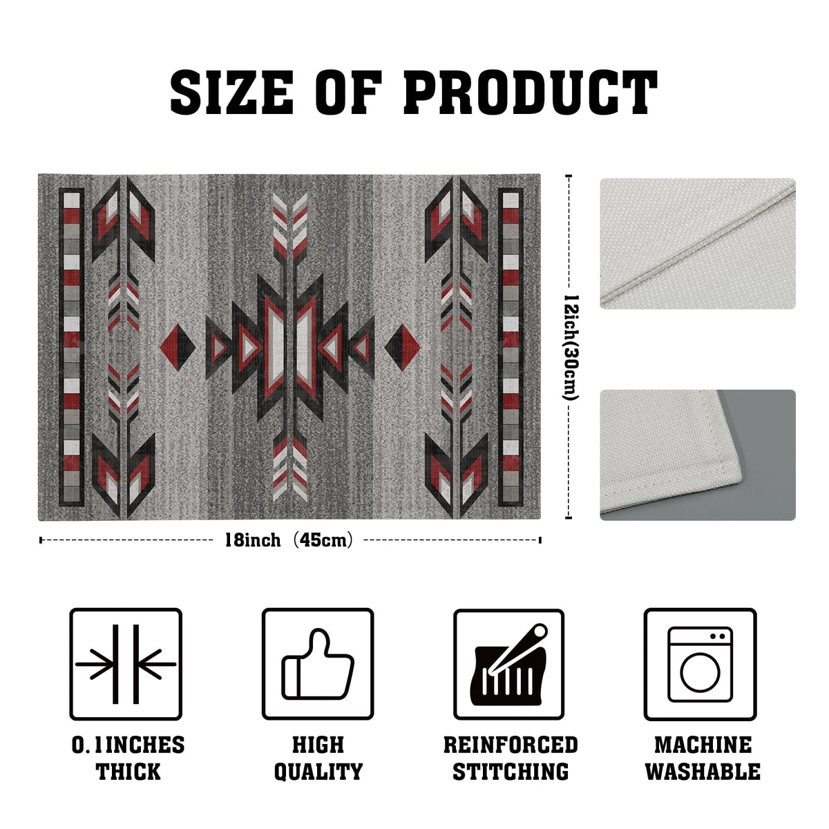 Southwestern Placemats, Grey Red Tribal Geometric Decorative Table Mats, Native American Ethnic Farmhouse Non-Slip