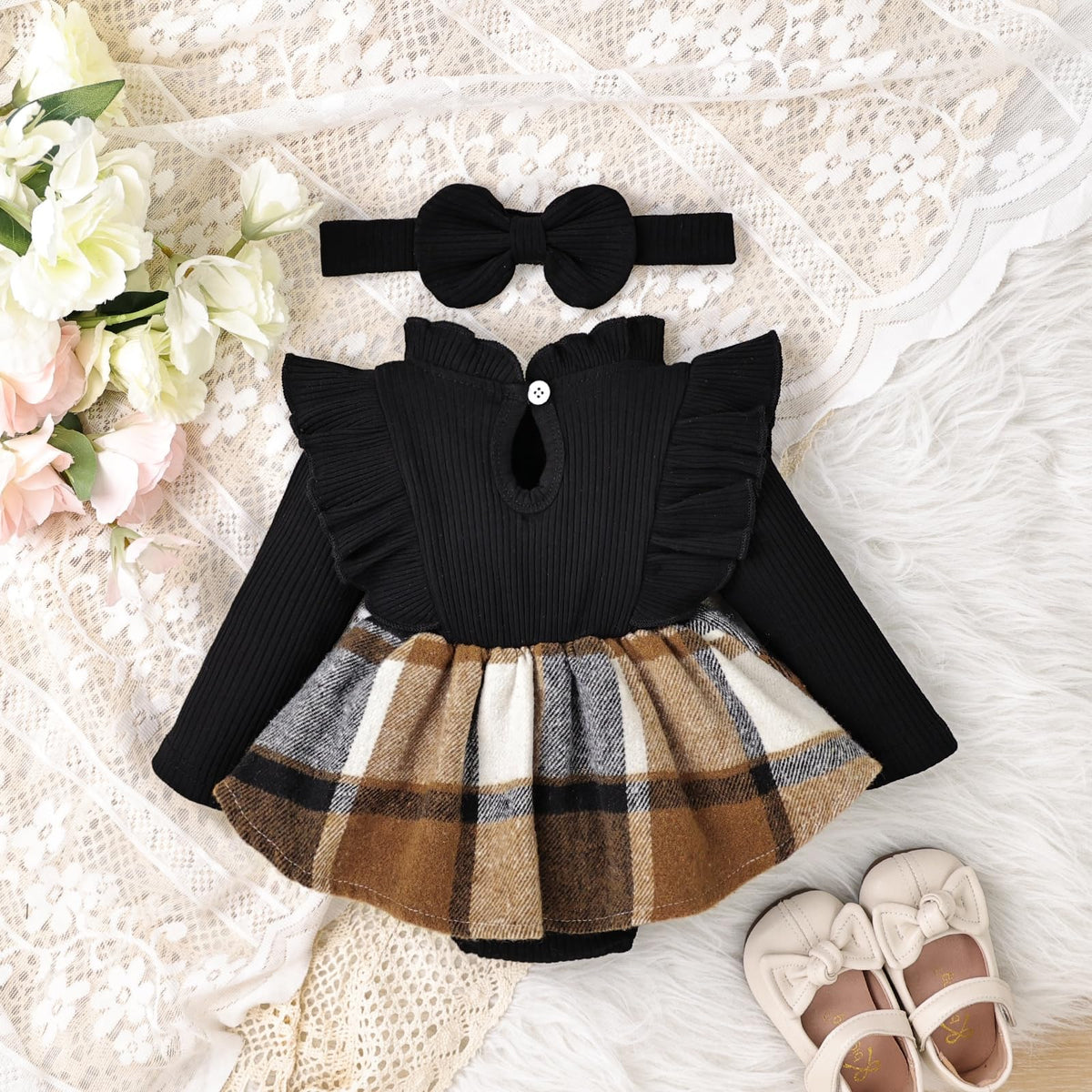 Baby Girl Clothes Plaid Romper Dress Long Sleeve Fall Outfit Black