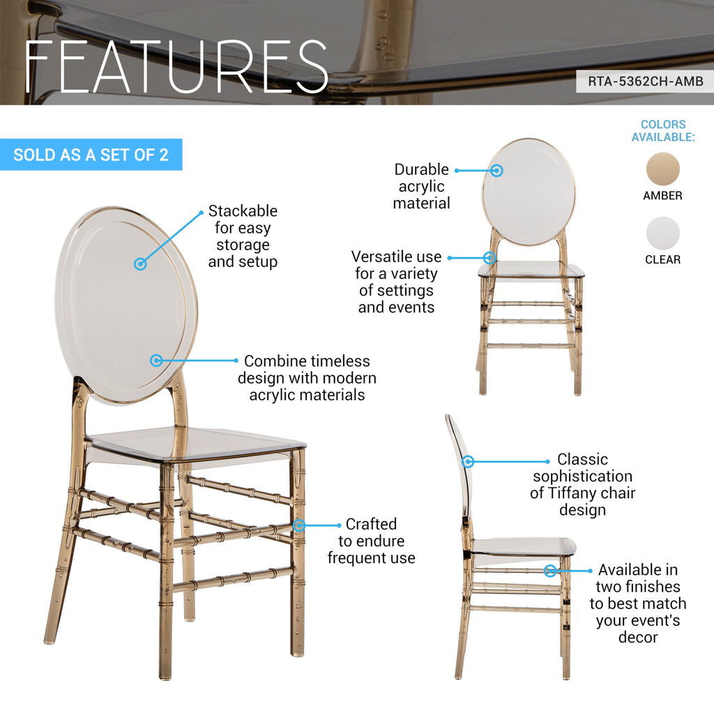 Chiavari Ghost Chairs, Stackable Acrylic, Modern, Set of 2, Amber