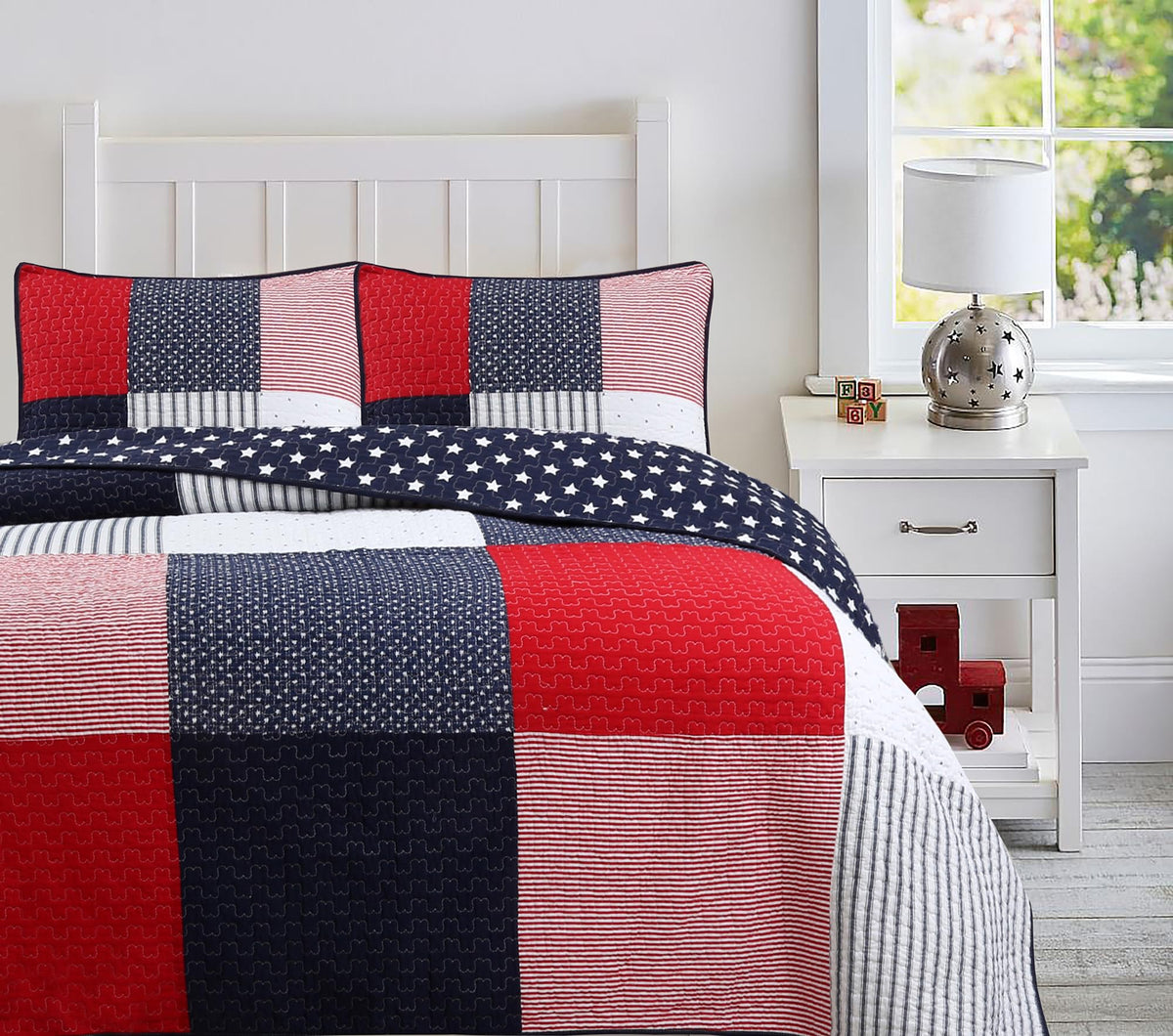 100% Cotton Sailor Navy Blue Star Striped Print Cotton Reversible Bedding Quilt Set (Patriotic Patchwork)