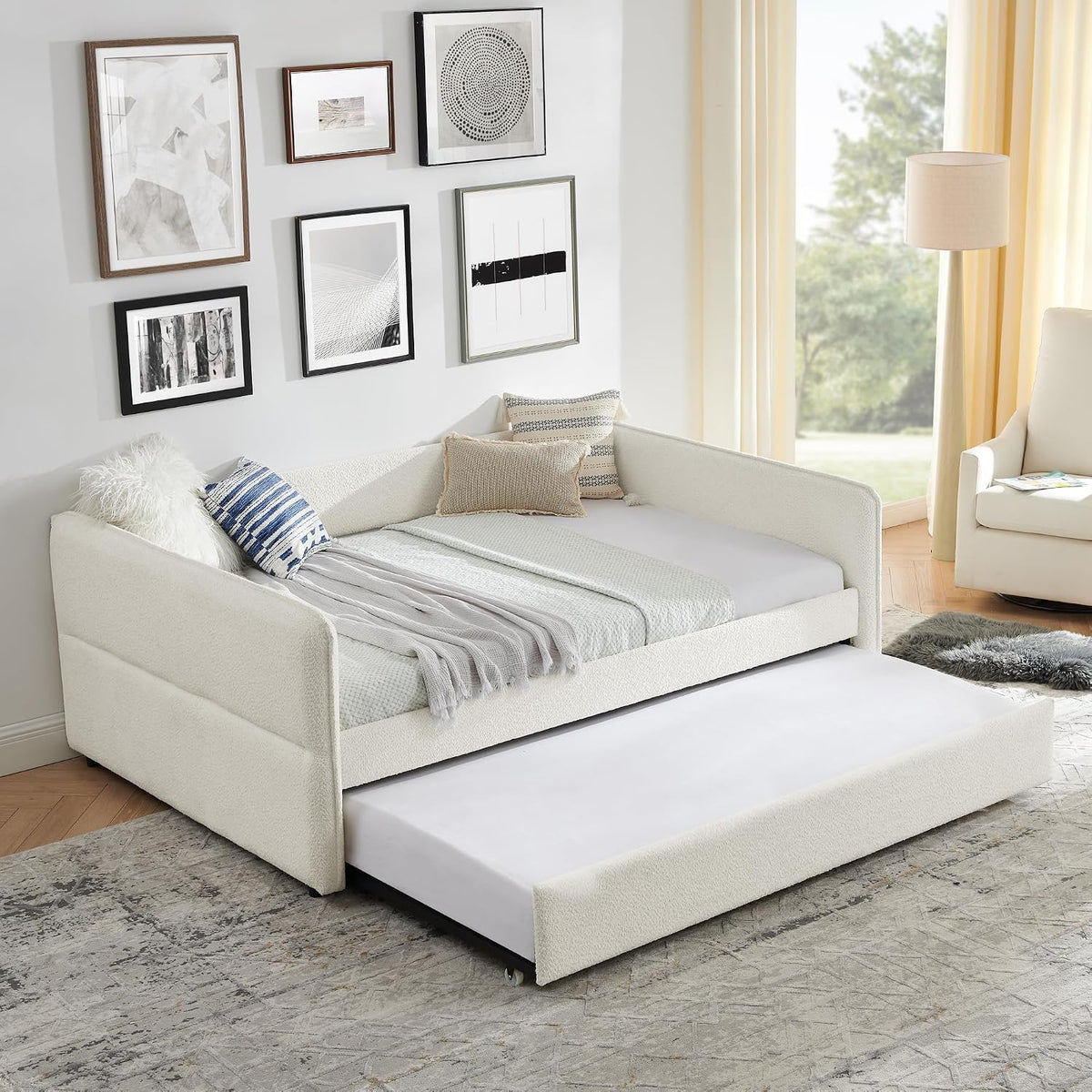 Full Daybed with Pop Up Trundle, Boucle Upholstered Daybed with Trundle, Full to King Expandable Day Bed with Wood