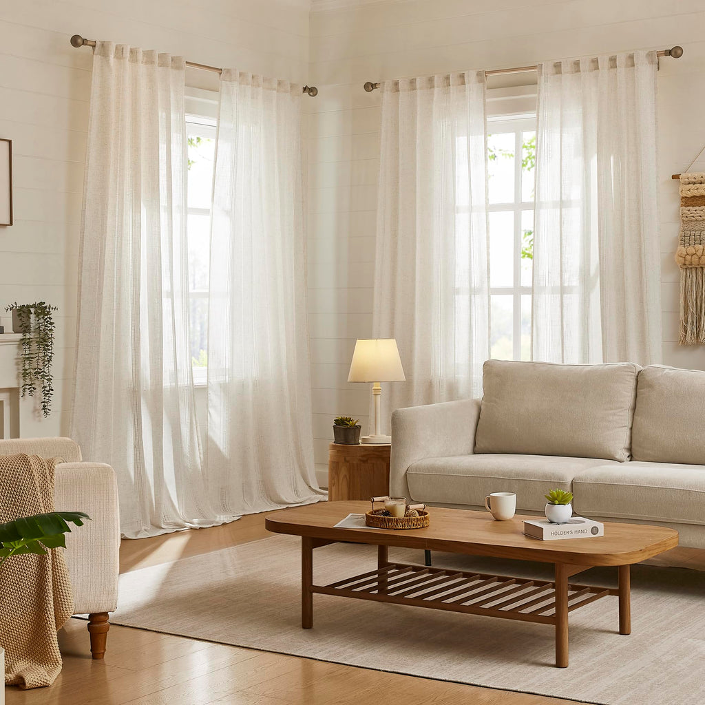 Natural Linen Boho Curtains 84 Inches Long Light Filtering Semi Sheer Privacy Drapes, Farmhouse Rustic Hollowed-Out