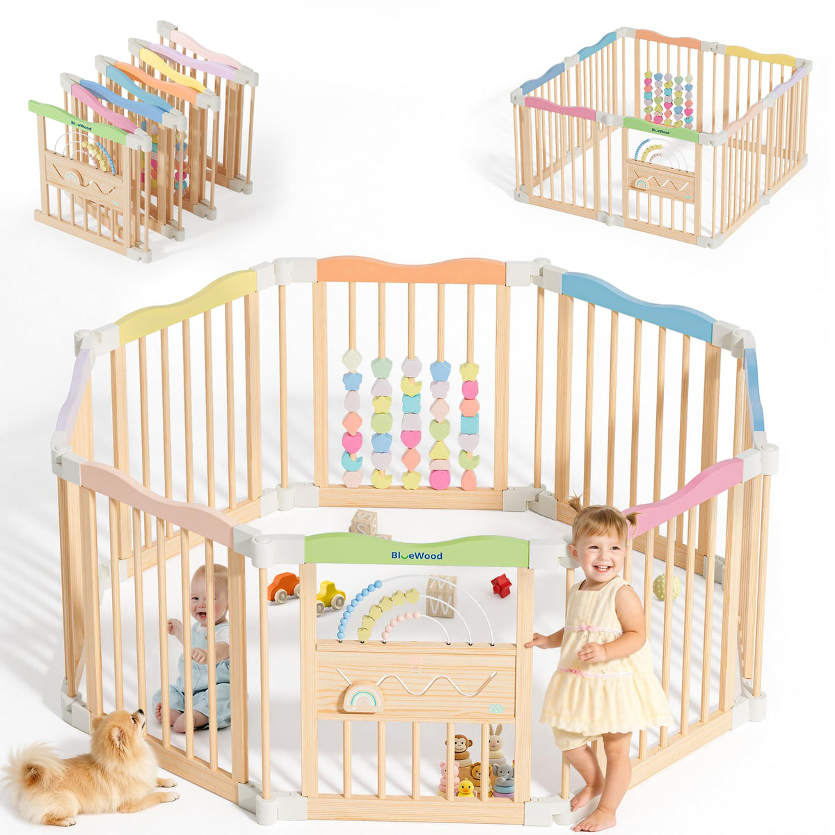 Foldable Wooden Baby Playpen, 45 x 45 x 24 inches, Pastel Dream, Rainbow