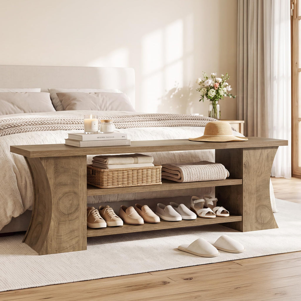 63" Entryway Bench with Shoe Storage, Farmhouse End of Bed Bench