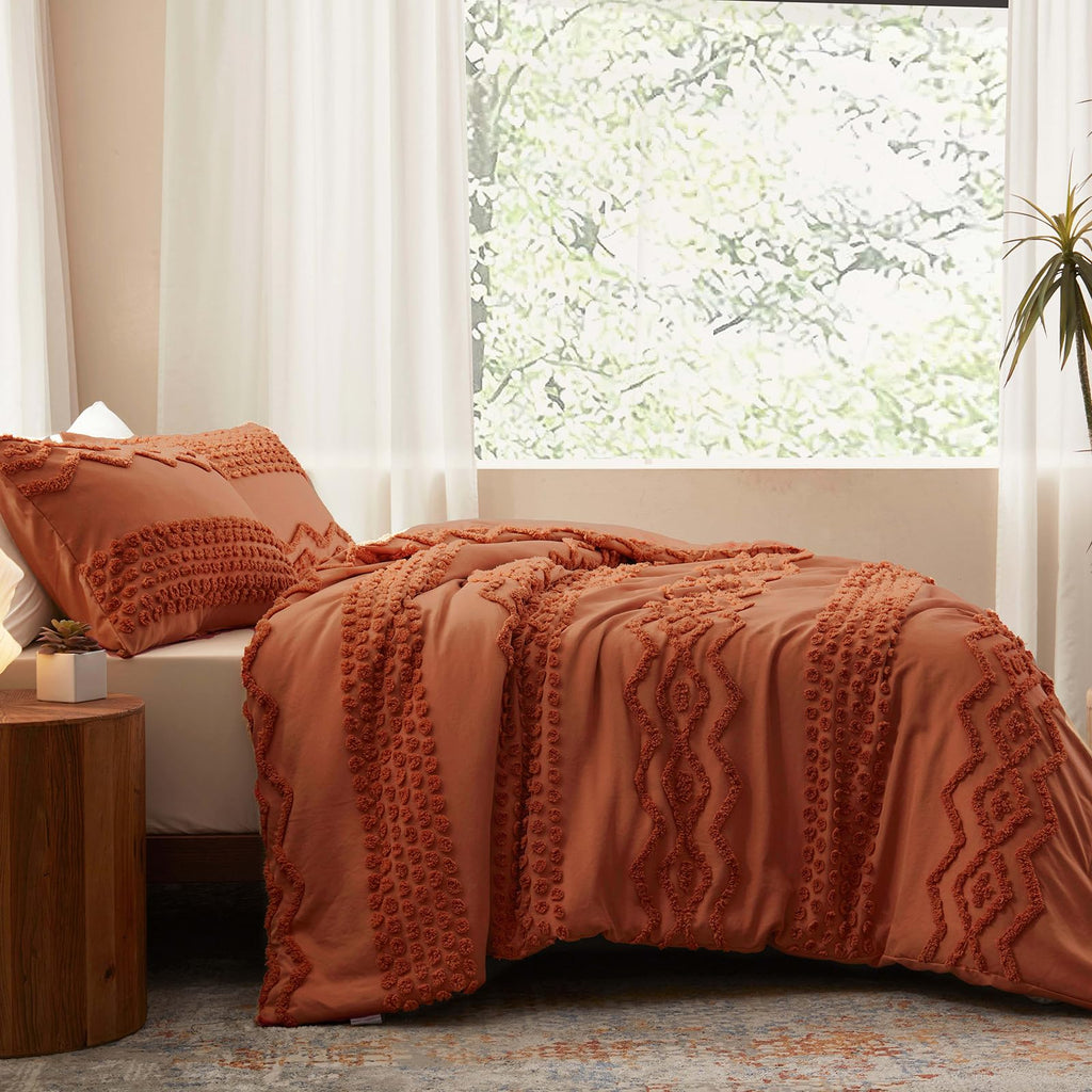 Terracotta Tufted Comforter Set, 3 Pieces Queen Boho Bedding Set