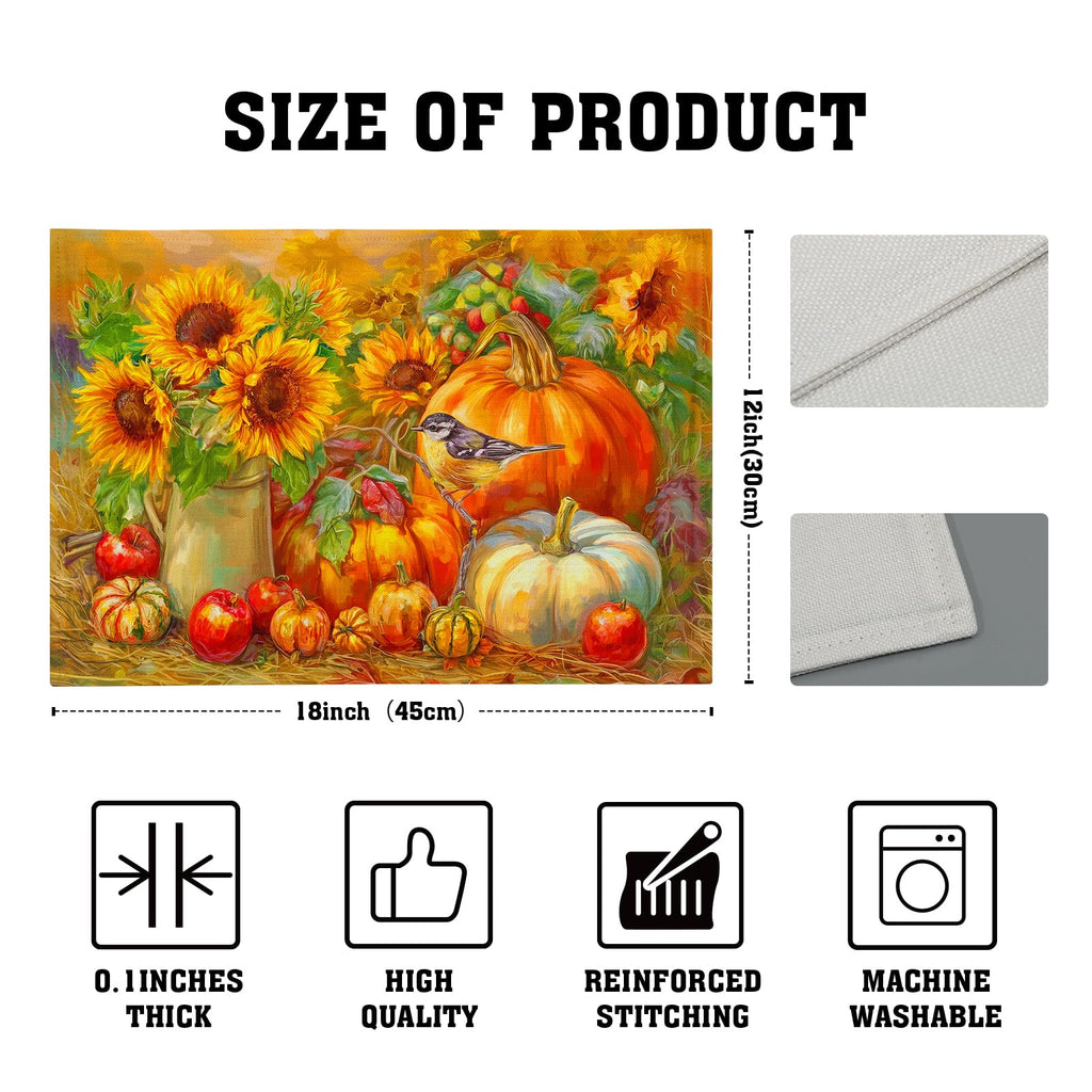 Vintage Fall Placemats, Rustic Autumn Pumpkin Sunflower Bird Table Mat, Thanksgiving Harvest Heat Stain Resistant