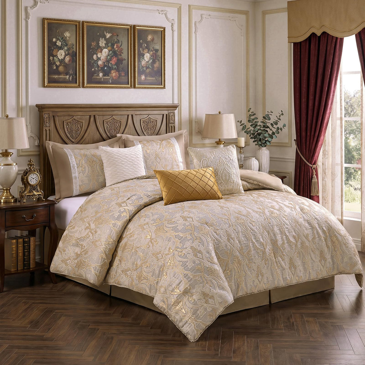Beige Gold Comforter Set, Luxury 7PC Jacquard Bedding