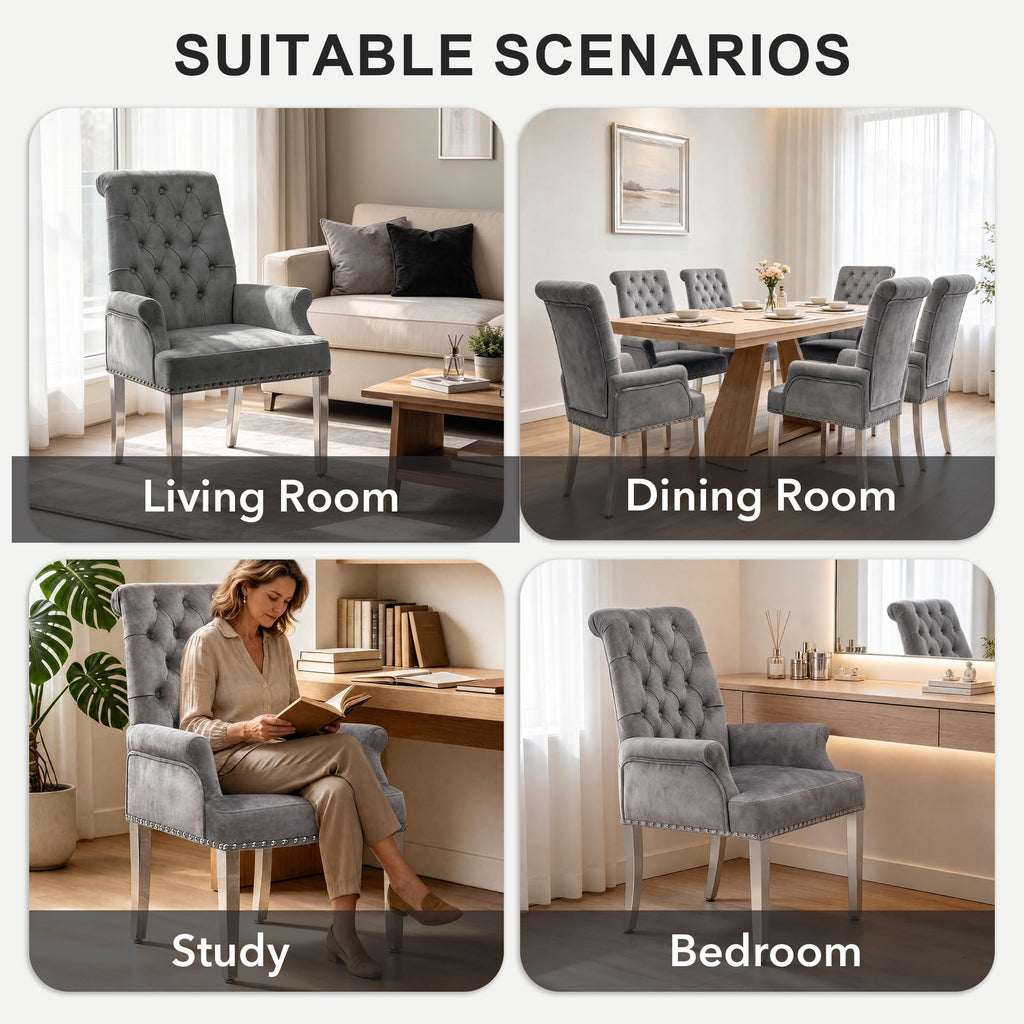 Velvet Dining Chairs Set of 2, Dining Chairs with Arms, Grey
