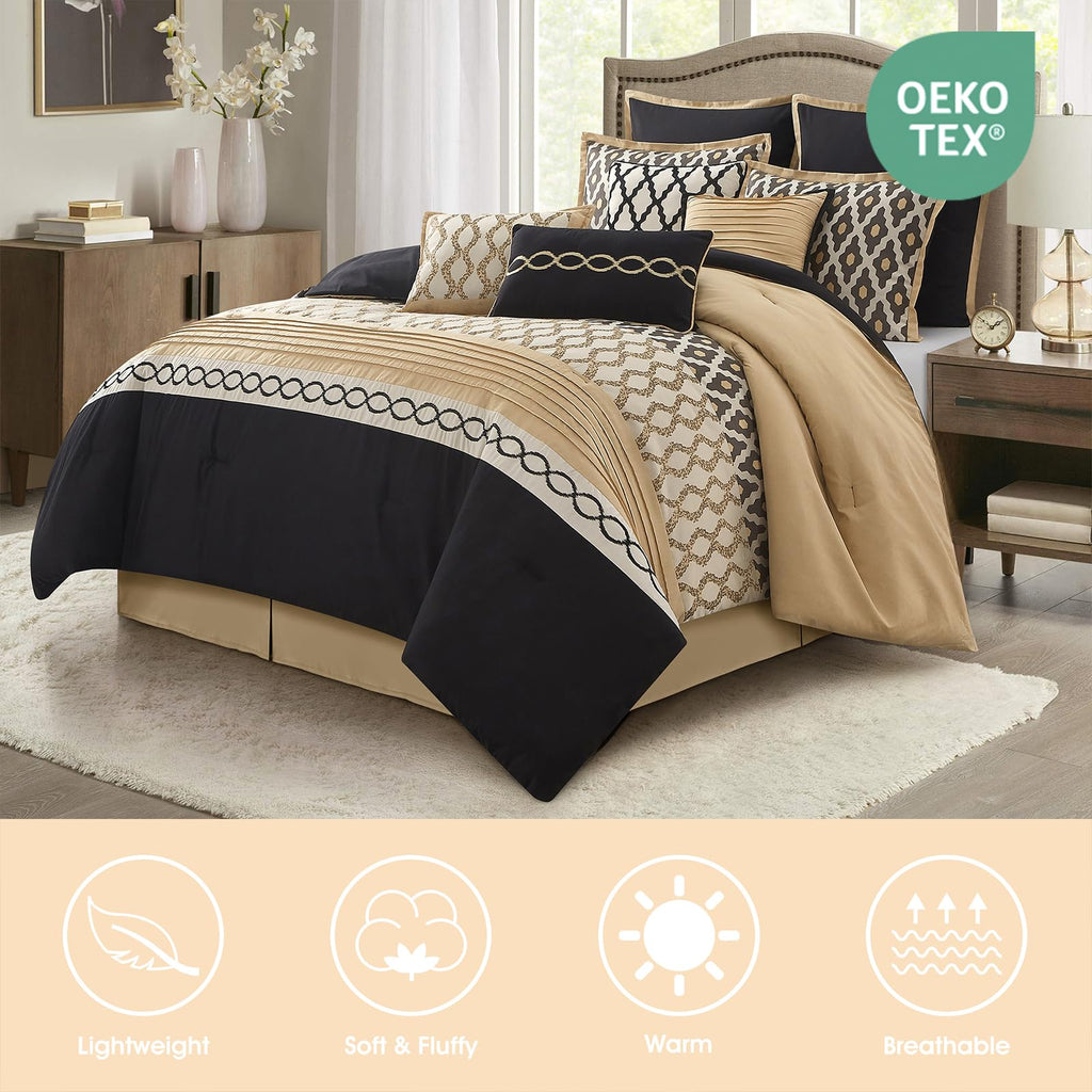 King Size Comforter Set, Black Gold, 10 Piece Bed in a Bag for All Seasons, Luxury Extreme Comfort Bedding Sets with