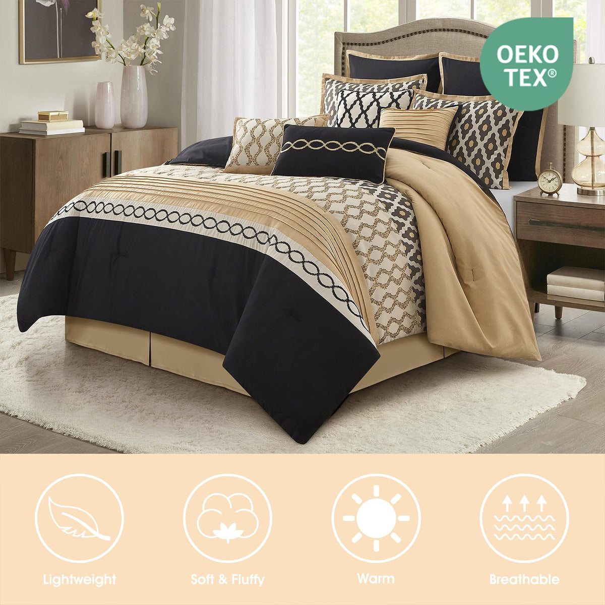 King Size Comforter Set, Black Gold, 10 Piece Bed in a Bag for All Seasons, Luxury Extreme Comfort Bedding Sets with