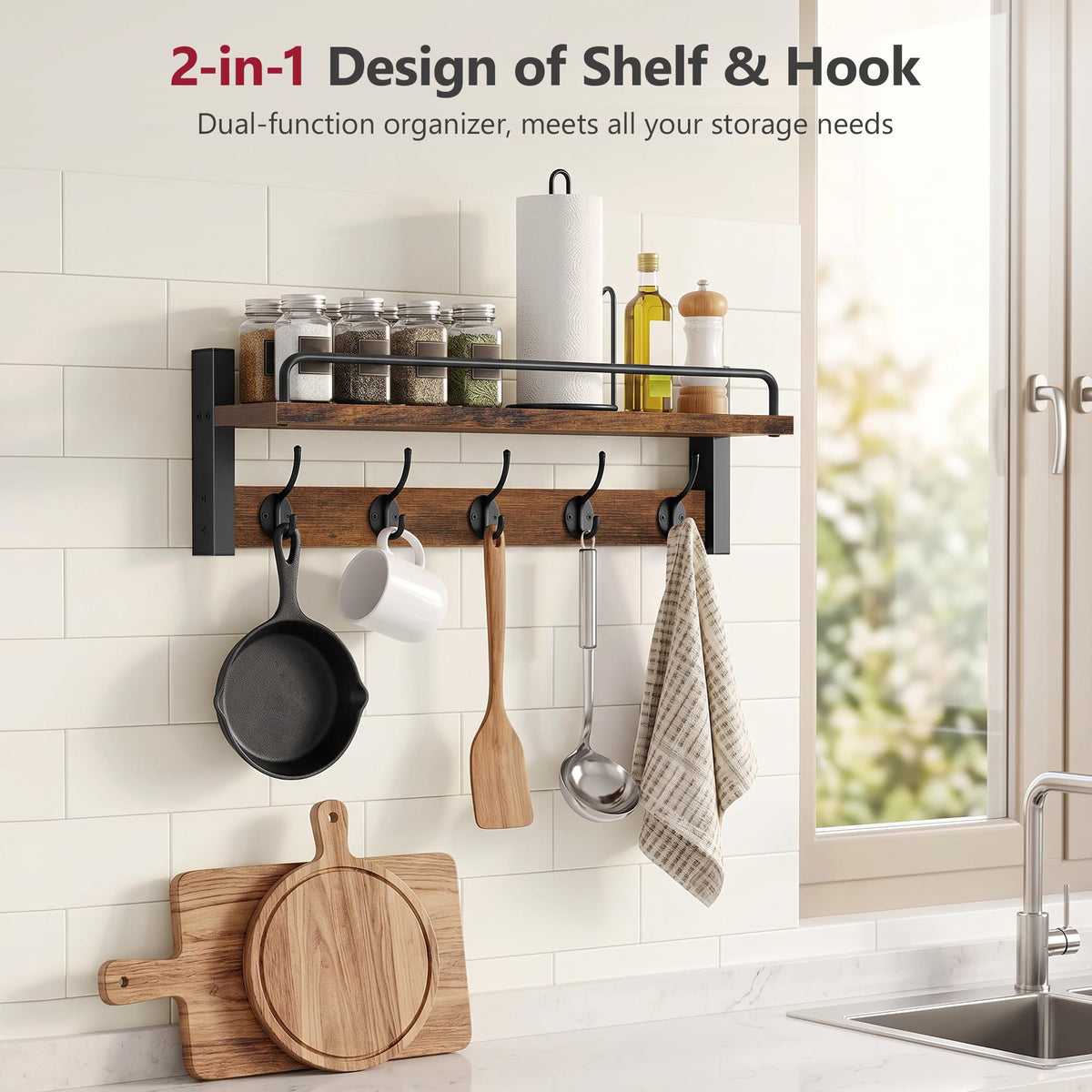 32.6"(16.3"*2) Wall Hooks with Shelf and Guardrail, Rustic Brown