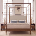 Wood Canopy Bed Frame, Walnut Vintage Four-Posters Platform Bed