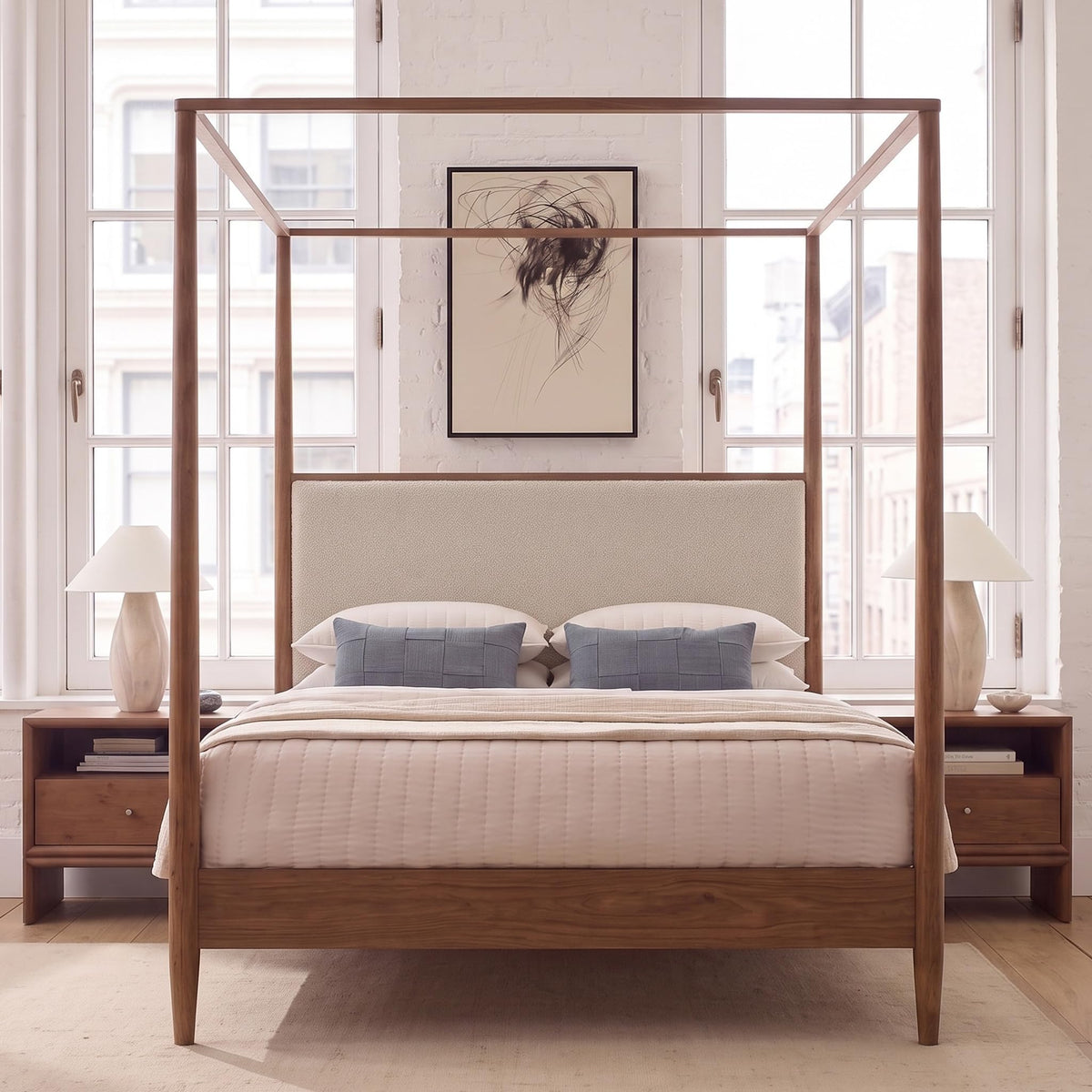 Wood Canopy Bed Frame, Walnut Vintage Four-Posters Platform Bed