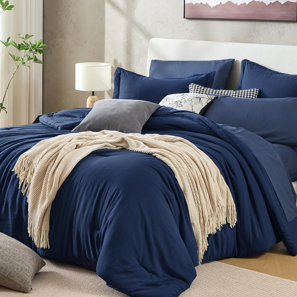 Comforter Set 7-Piece Navy Blue, Pre-Washed Bed in a Bag