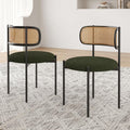 Modern Dining Chairs Set of 2, Upholstered Chairs with Rattan Back and Metal Legs, Green