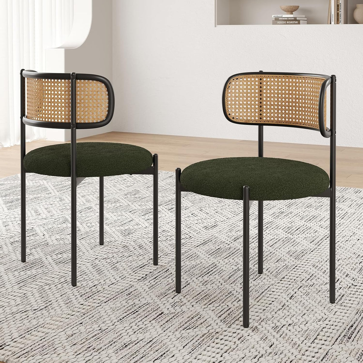 Modern Dining Chairs Set of 2, Upholstered Chairs with Rattan Back and Metal Legs, Green