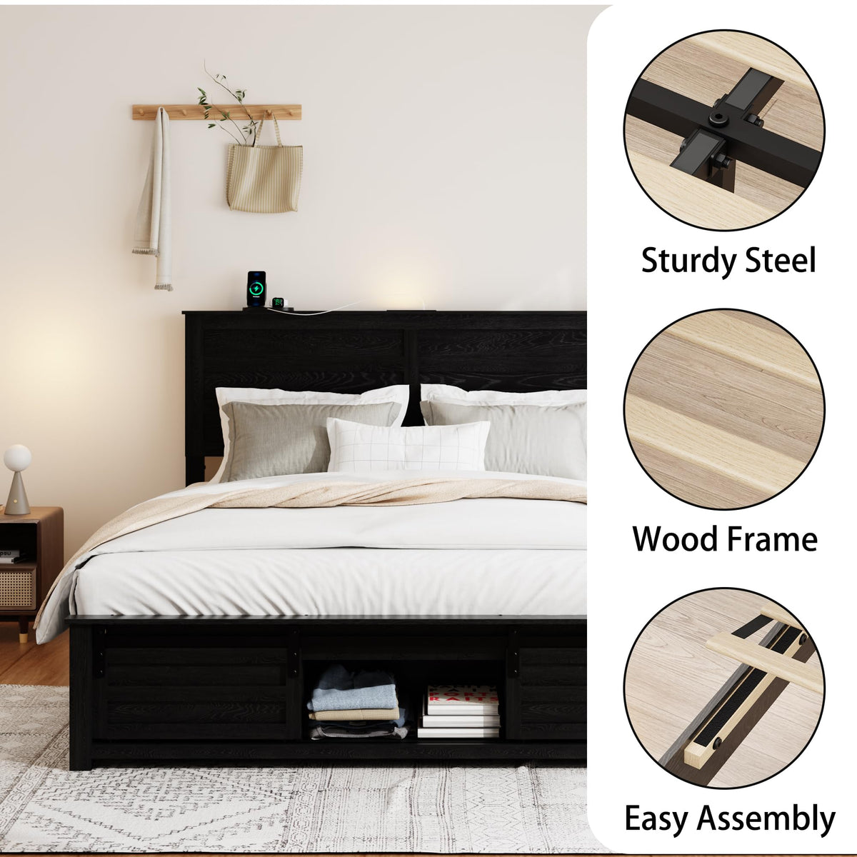 Wooden Bed Frame with Rustic Headboard Storage Bed Frame